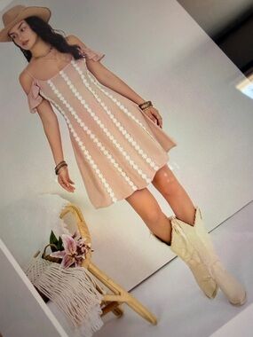 Blush Pink Cold-Shoulder A-Line Dress with Floral Trim